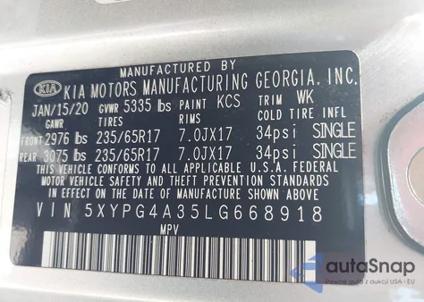 2020 Kia Sorento 2.4L L from USA, damaged, VIN 5XYPG4A35LG668918